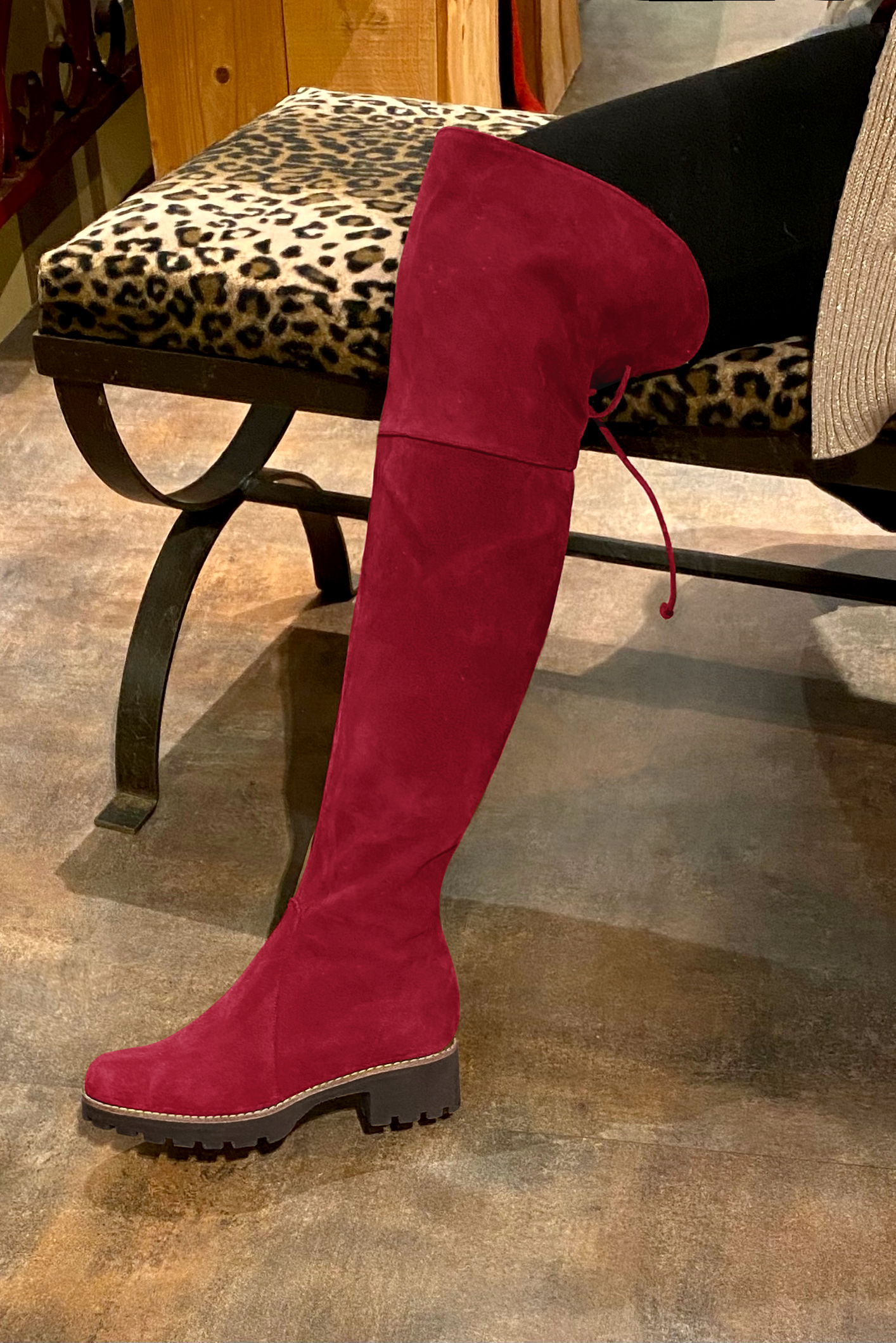 Cardinal red women's leather thigh-high boots. Round toe. Low rubber soles. Made to measure. Worn view - Florence KOOIJMAN